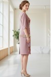 Rochie Lizzy cu croiala clepsidra, din jerse roz prafuit si imprimat