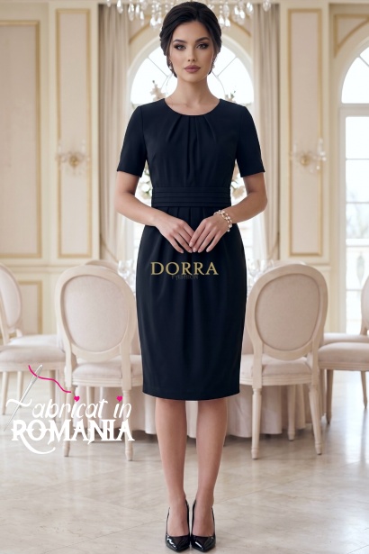 Rochie office Lucille neagra cu fronseuri in talie si pliuri la decolteu