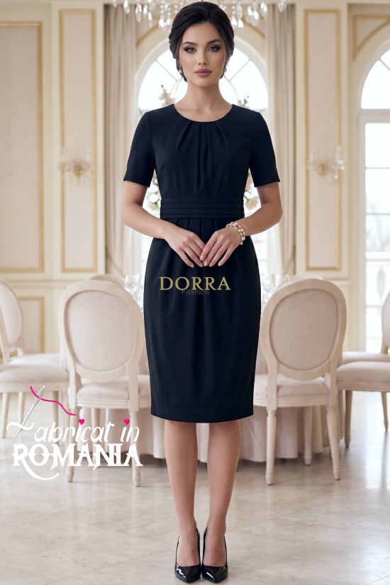 Rochie office Lucille neagra cu fronseuri in talie si pliuri la decolteu