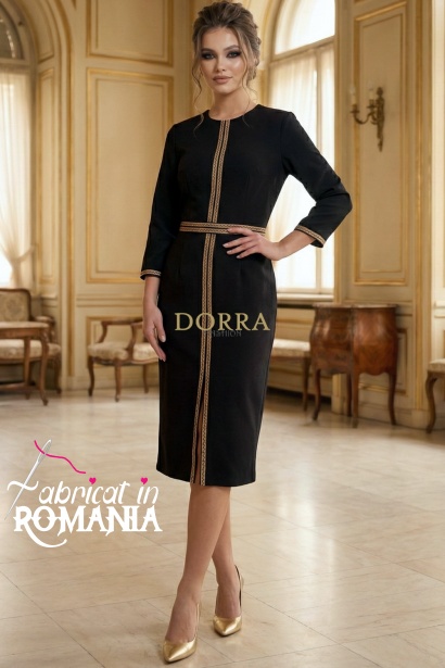 Rochie cocktail Matilde din stofa neagra cu aplicatii aurii si crapatura