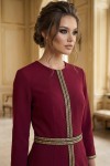 Rochie cocktail Matilde din stofa visinie cu aplicatii aurii si crapatura