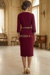 Rochie cocktail Matilde din stofa visinie cu aplicatii aurii si crapatura