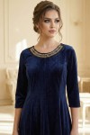 Rochie Medeea din catifea bleumarin, cu aplicatie la decolteu si croiala clos