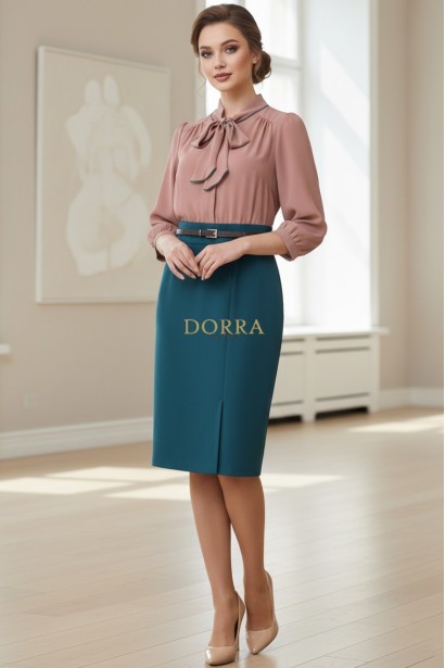 Rochie office Morena din stofa si tripluvoal, cu esarfa si curea