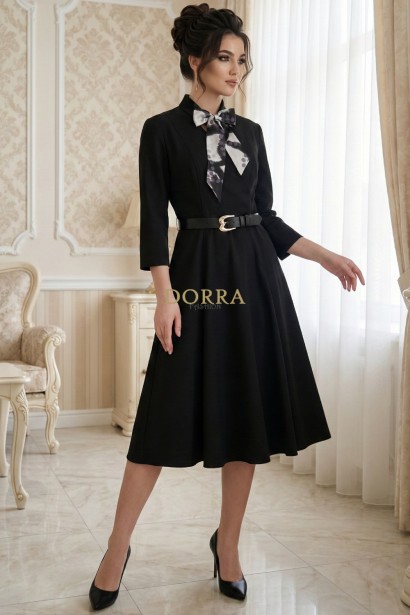 Rochie office Napoli din stofa neagra, cu esarfa si curea