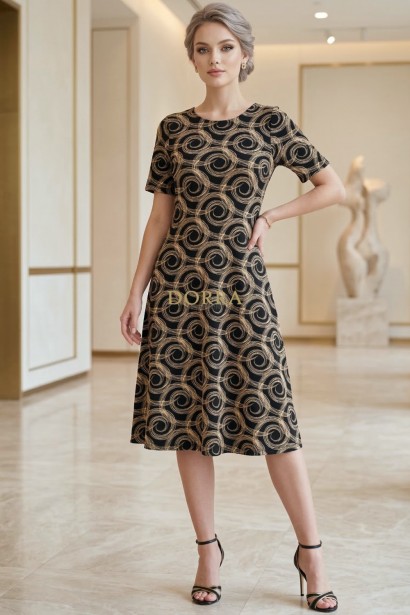 Rochie Nemira din jerse negru cu imprimeu spirale, croială în clini și mânecă scurtă