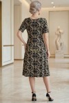 Rochie Nemira din jerse negru cu imprimeu spirale, croială în clini și mânecă scurtă