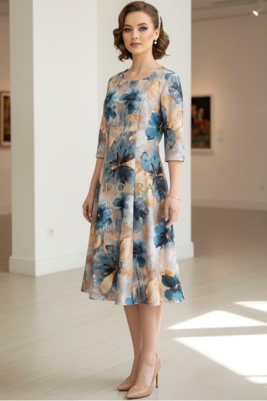 Rochie de zi Oliveira din barbie cu imprimeu floral turquoise, maneci 3/4, croiala lejera