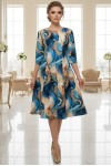 Rochie de zi Oliveira din barbie cu imprimeu abstract turquoise, maneci 3/4, croiala lejera