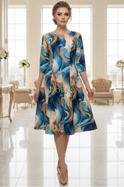 Rochie de zi Oliveira din barbie cu imprimeu abstract turquoise, maneci 3/4, croiala lejera
