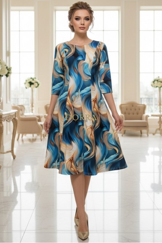 Rochie de zi Oliveira din barbie cu imprimeu abstract turquoise, maneci 3/4, croiala lejera