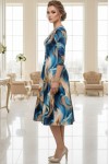 Rochie de zi Oliveira din barbie cu imprimeu abstract turquoise, maneci 3/4, croiala lejera