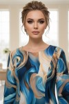 Rochie de zi Oliveira din barbie cu imprimeu abstract turquoise, maneci 3/4, croiala lejera