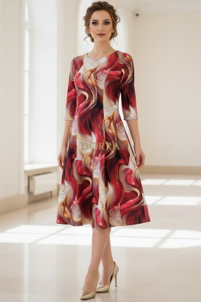 Rochie de zi Oliveira din barbie cu imprimeu abstract rosu, maneci 3/4, croiala lejera