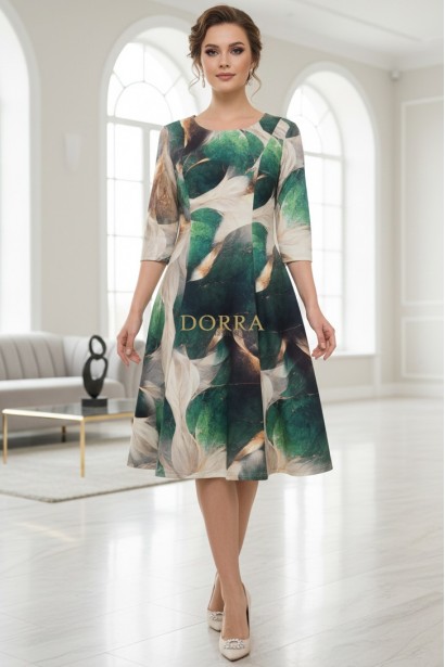 Rochie de zi Oliveira din barbie cu imprimeu abstract verde, maneci 3/4, croiala lejera