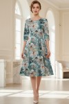 Rochie de zi Oliveira din barbie cu imprimeu floral verde, maneci 3/4, croiala lejera