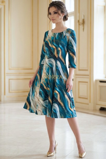 Rochie de zi Oliveira din barbie cu imprimeu abstract turquoise-auriu, maneci 3/4, croiala lejera