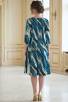 Rochie de zi Oliveira din barbie cu imprimeu abstract turquoise-auriu, maneci 3/4, croiala lejera