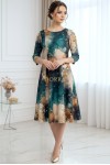 Rochie de zi Oliveira din barbie cu imprimeu abstract turquoise-caramel, maneci 3/4, croiala lejera