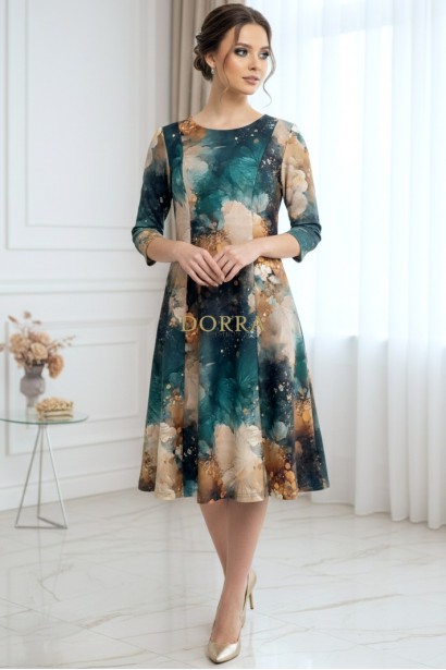 Rochie de zi Oliveira din barbie cu imprimeu abstract turquoise-caramel, maneci 3/4, croiala lejera