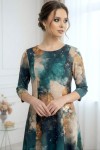 Rochie de zi Oliveira din barbie cu imprimeu abstract turquoise-caramel, maneci 3/4, croiala lejera