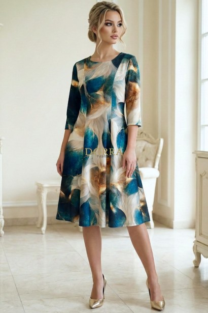 Rochie de zi Oliveira din barbie cu imprimeu abstract turquoise-ivoire, maneci 3/4, croiala lejera