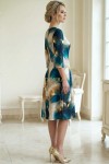 Rochie de zi Oliveira din barbie cu imprimeu abstract turquoise-ivoire, maneci 3/4, croiala lejera
