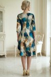 Rochie de zi Oliveira din barbie cu imprimeu abstract turquoise-ivoire, maneci 3/4, croiala lejera