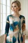 Rochie de zi Oliveira din barbie cu imprimeu abstract turquoise-ivoire, maneci 3/4, croiala lejera
