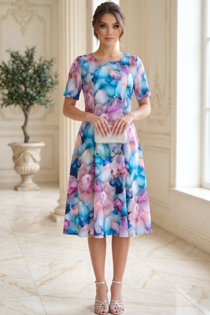 Rochie de zi Oliveira din barbie cu imprimeu abstract multicolor, maneci scurte, croiala lejera