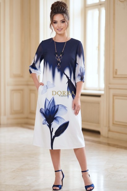 Rochie de zi Orchid din stofa ivoire cu bleumarin, croială largă și mânecă din voal