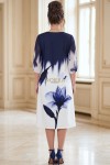Rochie de zi Orchid din stofa ivoire cu bleumarin, croială largă și mânecă din voal