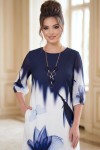 Rochie de zi Orchid din stofa ivoire cu bleumarin, croială largă și mânecă din voal