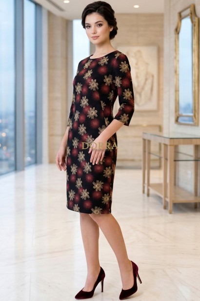 Rochie Palloma cu croiala usor cambrata, imprimeu flori bej, maneca 3/4 si buzunare