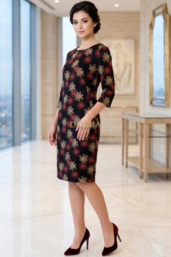 Rochie Palloma cu croiala usor cambrata, imprimeu flori bej, maneca 3/4 si buzunare