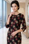Rochie Palloma cu croiala usor cambrata, imprimeu flori bej, maneca 3/4 si buzunare