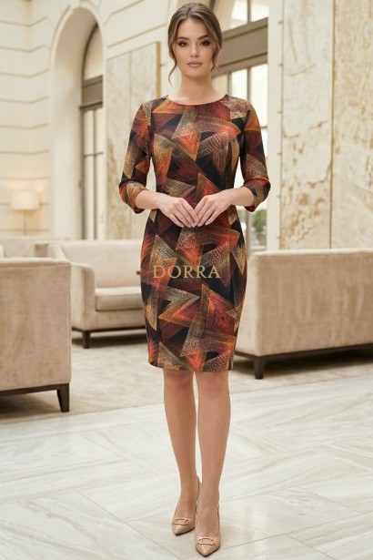 Rochie Palloma cu croiala usor cambrata, imprimeu geometric multicolor, maneca 3/4 si buzunare
