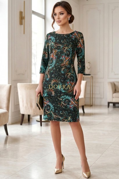 Rochie Palloma cu croiala usor cambrata, imprimeu turquoise, maneca 3/4 si buzunare
