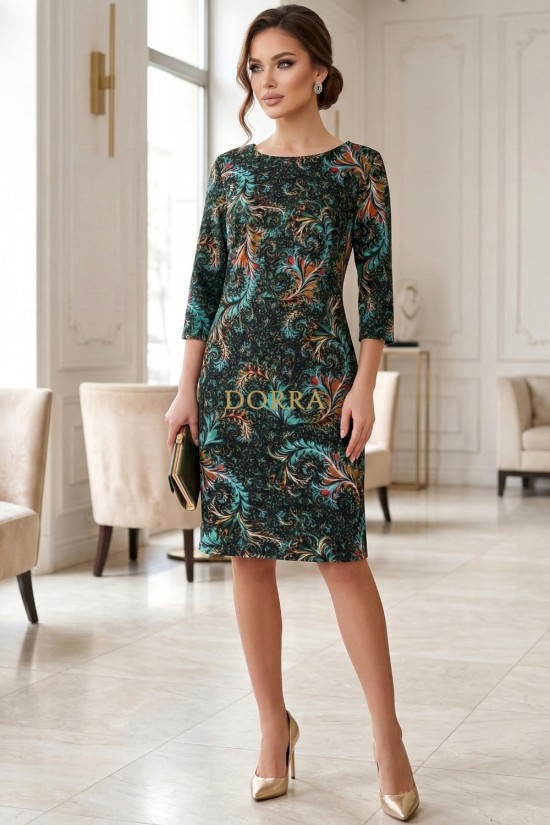 Rochie Palloma cu croiala usor cambrata, imprimeu turquoise, maneca 3/4 si buzunare