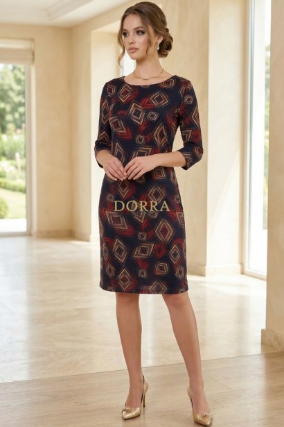 Rochie Palloma cu croială ușor cambrată, bleumarin imprimat, mânecă 3/4 și buzunare