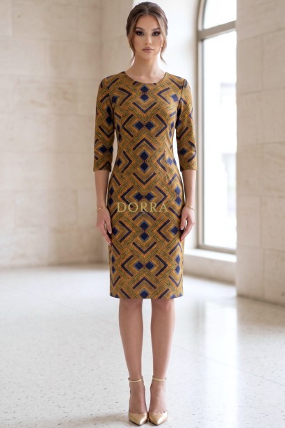 Rochie Palloma cu croială ușor cambrată, bleumarin cu galben muștar, mânecă 3/4 și buzunare