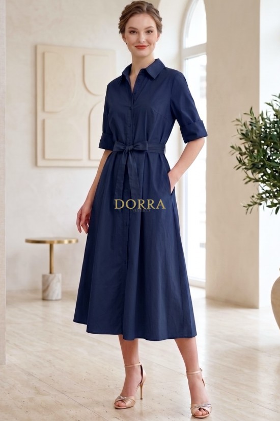 Rochie midi Paula din bumbac bleumarin, închidere cu nasturi și cordon