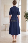 Rochie midi Paula din bumbac bleumarin, închidere cu nasturi și cordon