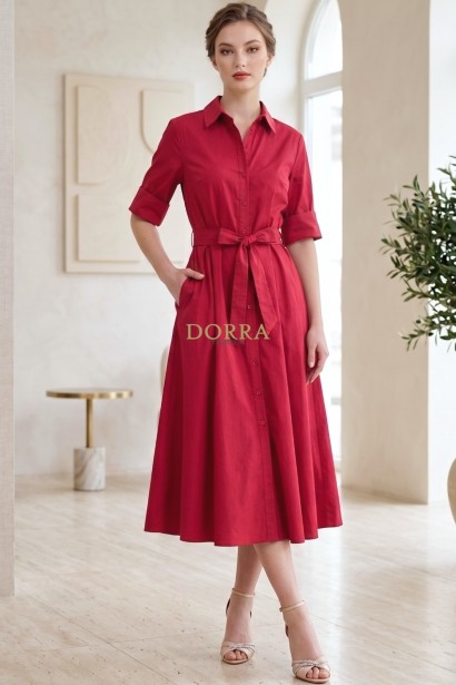 Rochie midi Paula din bumbac roșu, închidere cu nasturi și cordon