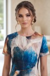 Rochie de zi Perla cu imprimeu turquoise-caramel, ușor cambrată, cu mânecă scurtă
