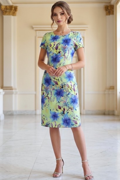 Rochie de zi Perla cu imprimeu vernil, ușor cambrată, cu mânecă scurtă