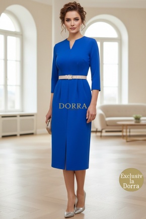 Rochie Raisa din jerse albastru regal, cu pense in talie si curea