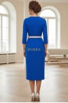 Rochie Raisa din jerse albastru regal, cu pense in talie si curea