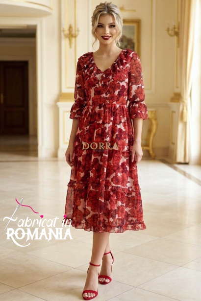 Rochie Raluca din tripluvoal ivoire cu flori rosii, incretituri in talie si volane