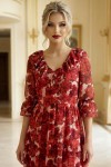 Rochie Raluca din tripluvoal ivoire cu flori rosii, incretituri in talie si volane